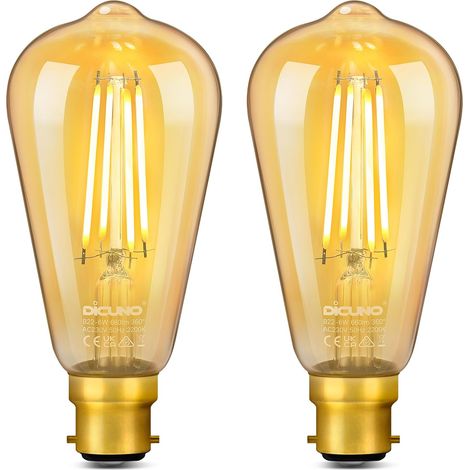 Ampoule LED B22, 6W Équiv. 60W, Blanc chaud 2200K, 660lm, Lot de 2 Culot à Baïonnette B22, Verre ambré, Non-dimmable, Ampoule ST64 vintage filament LED pour lustre et plafonnier (1/5)