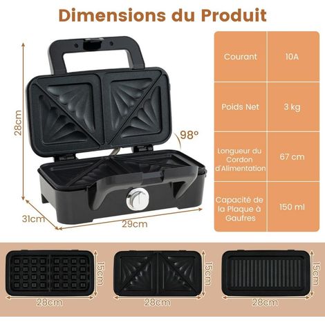 Plaques amovibles, gaufrier 3 en 1 1200W avec grill panini et appareil croque-monsieur, thermostat 5 niveaux (1/5)