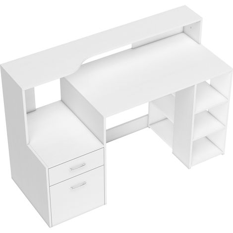 Bureau d'ordinateur blanc avec rangement, 2 tiroirs, étagères ouvertes et tablette pour imprimante, 137x55x92 cm (1/5)