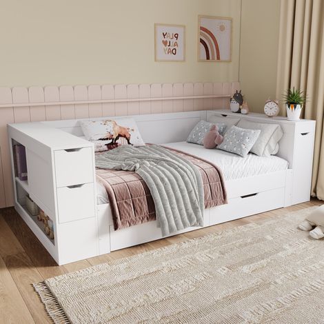 Letto bambini 90x190 cm con cassetti e vano portaoggetti, in MDF bianco, materasso non incluso (1/5)
