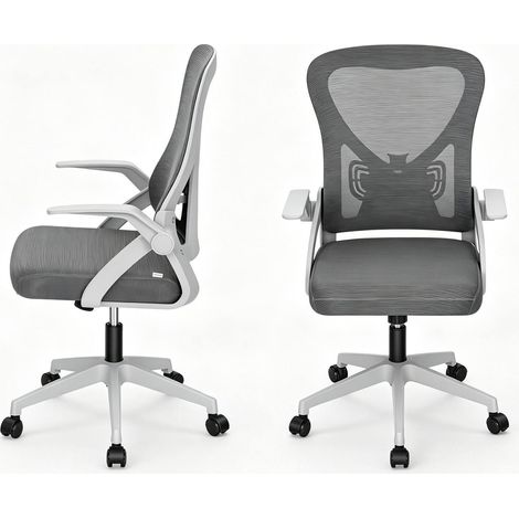 Sedia da ufficio ergonomica girevole grigia con schienale in rete e braccioli pieghevoli (1/4)