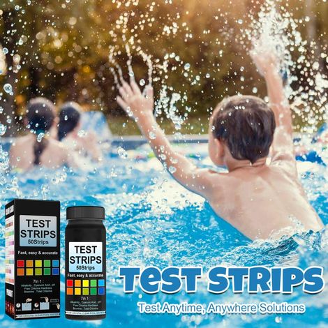 Bandelettes de test d'eau de piscine 7 en 1 (50 unités) pour tester le pH, le chlore, le brome, l'acidité et le cyanure. (1/5)