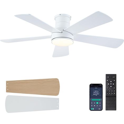 Ventilateur de Plafond avec Lumière LED 117 cm, Moteur DC Silencieux Économe, 5 Pales Réversibles Été/Hiver, Télécommande, Plafonnier Moderne Profil Bas pour Chambre et Salon, Blanc (1/5)