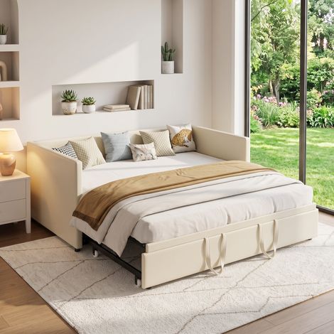 90/180x200 cm Lit gigogne, Canapé lit convertible 2 places, canapé-lit capitonné extensible en velours, banquette lit pour salon, appartement, home cinéma (1/5)