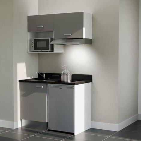 Kitchenette K02L - 120 cm - plan monobloc évier intégré Nero- évier à gauche - Façades Gris + Electroménager inclus coloris Inox