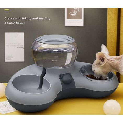 Comedero automático para perros y gatos con fuente, doble cuenco y soporte elevado para el agua.