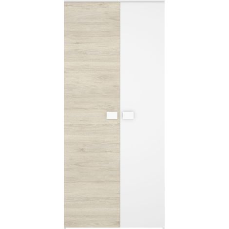 Armoire, meuble de rangement avec 2 portes coloris chêne naturel, blanc - Longueur 90 x Profondeur 52 x Hauteur 205 cm (1/5)