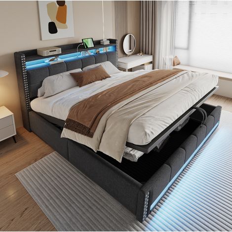 Cama tapizada 180x200 cm gris, tejido de lino, con almacenaje y USB (1/5)