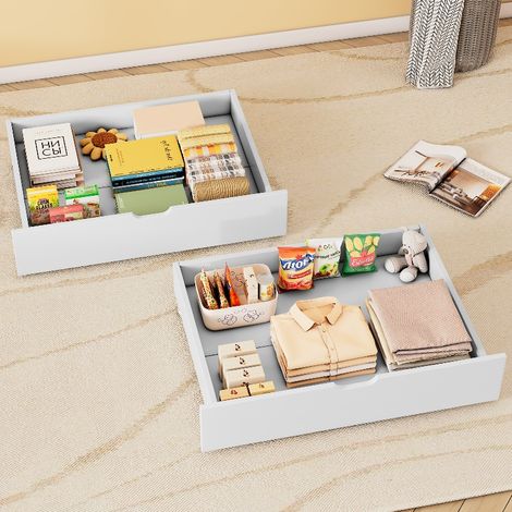 Bettschublade 2er Set mit Bodenrollen und großzügigem Stauraum, praktische Unterbettkommode aus MDF, Bettkasten auf Rollen, 93x67x20 cm, Weiß (1/5)