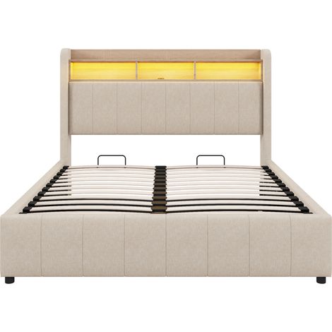 Letto contenitore 140 x 200 cm con LED e USB, testiera con ripiano, lino beige HOMVRA (1/5)