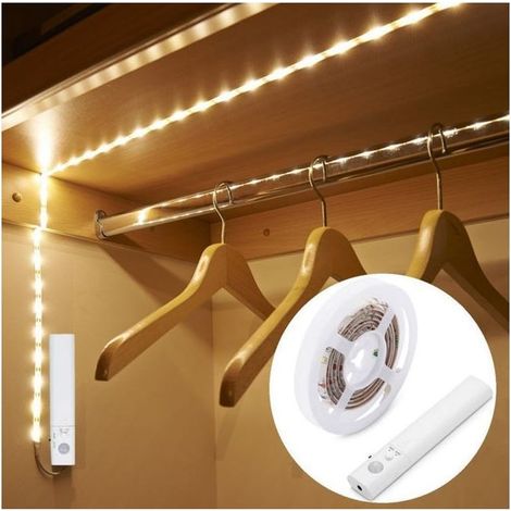 Bande lumineuse LED blanc chaud avec détecteur de mouvement, autocollante, rechargeable par USB, 1 m, pour placards, couloirs (1/4)