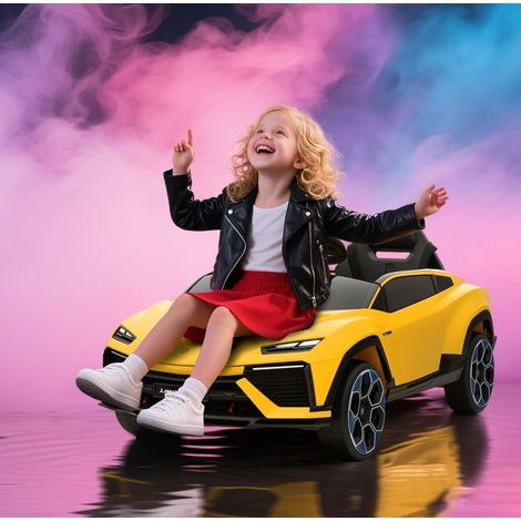 Coche eléctrico infantil 12V con mando a distancia 2,4 GHz, 2 motores, LED y música amarillo HAVRYA (1/3)