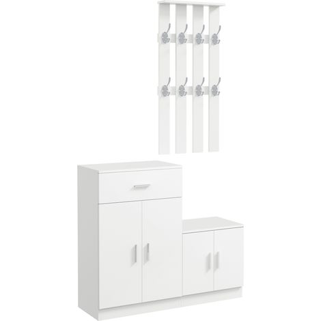 Armoire à chaussures combinée porte-manteau couloir chambre structure bois 100x32x187cm blanc