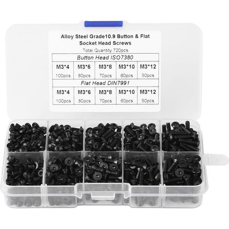 720 pièces Vis à tête plate hexagonale creuse M3 4-12mm en acier allié noir avec boîte plastique (1/5)