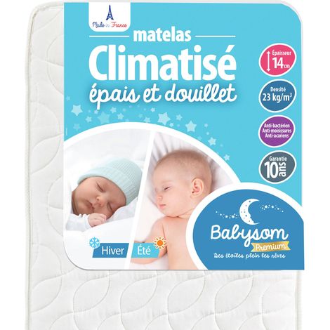 Matelas bébé climatisé réversible 60 x 120 cm – Épaisseur 14 cm – Anti-acarien – Fabrication française – Garantie 10 ans – Babysom
