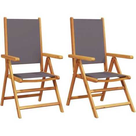 Deux chaises de jardin, gris anthracite, en bois d'acacia massif, recouvertes de tissu. (1/5)