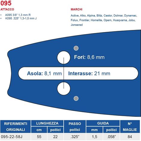 Barra motosega 55 cm - 22" passo .325", spessore 1.5 mm - .058" attacco 095, 84 maglie 452750