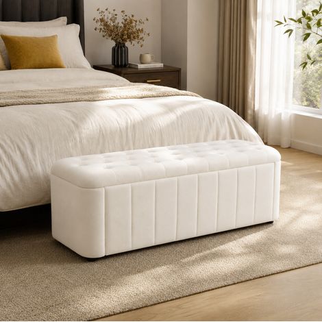Banc de rangement 132x47x44 cm en velours beige, gain de place pour salon, FLORAGRACE (1/5)
