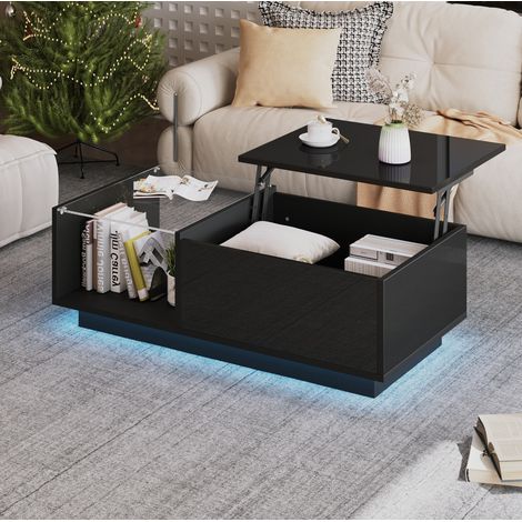 Mesa de centro elevable LED 100x50x33 cm de madera negra FloraGrace (1/5)