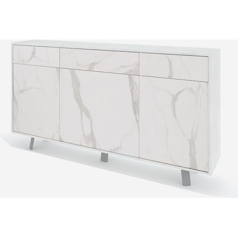 Credenza moderna 3 ante 3 cassetti da soggiorno Velbruk - Effetto marmo bianco