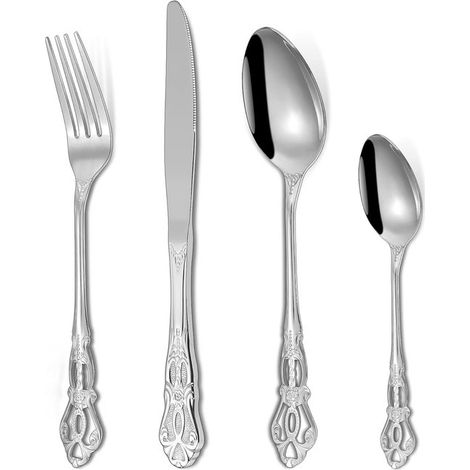 Set de 4 couverts en acier inoxydable – Argent – Cuillère à spaghetti incluse – Lave-vaisselle – Ustensiles de cuisine (1/5)