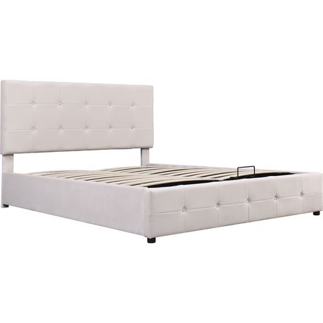 Letto contenitore 140 x 200 cm in velluto crema con testiera regolabile, rete metallica (1/5)