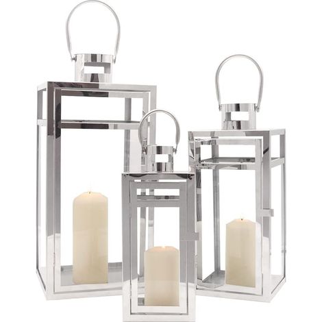 Set de 3 Lanternes Métalliques en Acier Inoxydable Décoratives 48/38/30 cm Haut, Porte-Bougie Suspendu avec Verre Clair pour Décor Maison, Salon, Intérieur/Extérieur (Argent) (1/5)