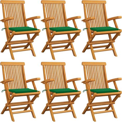 Gartenstühle mit Grünen Kissen 6 Stk. Massivholz Teak
