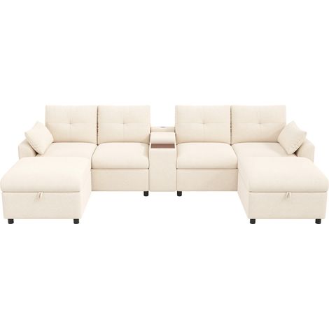 Sofá esquinero modular 6 plazas en chenilla beige con almacenaje, consola central y puertos USB-C (1/5)