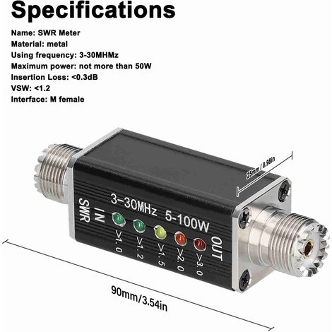 Vatímetro LED VHF/UHF para radioaficionados, indicador de onda estacionaria de 3-30 MHz, con 5 LED y conector PL-259, 100 W máx., carcasa metálica. (1/5)