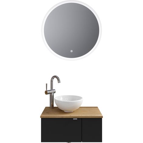 Badmöbel Set 2-teilig mit 60 cm Waschtisch, Türanschlag links in schwarz matt mit Eiche AMADORA-66 (1/5)