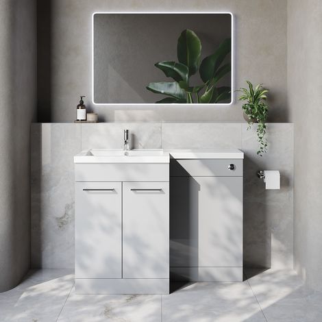 Napoli 460 Gloss Grey Pearl 1100mm 2 Door Vanity Unit Toilet Suite with Left Hand Square Lucia Basin - 1100mm - Chrome 160mm HandleWithout Kingston Toilet Pan