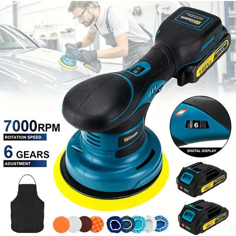 Polisseuse sans fil brushless 6 vitesses, polisseuse électrique pour voiture, métal et bois, outil de ponçage et polissage compatible avec batterie Makita 18V, avec 2 batteries