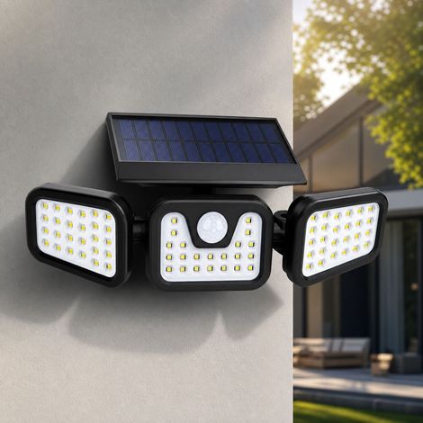 Solarbetriebene LED-Wandleuchte mit 3 Leuchtenköpfen, 74 LEDs, Bewegungsmelder, 2400-mAh-Akku, wasserdicht (IP65), für die Gartenbeleuchtung (1/4)