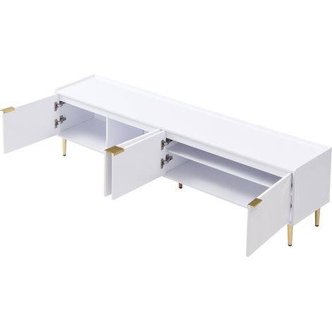 ELVMI TV-Schrank mit 3 Türen und Kabeldurchführung, Goldfarbene Griffe und Metallbeine, für Wohnzimmer, aus MDF, 170 × 35 × 47.5 cm, Weiß (1/5)