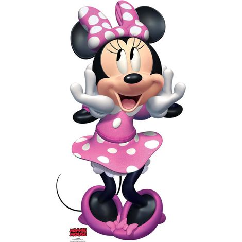 Figurine en carton Disney Minnie avec une robe rose à pois blanc, qui fait un grand sourire 89 cm