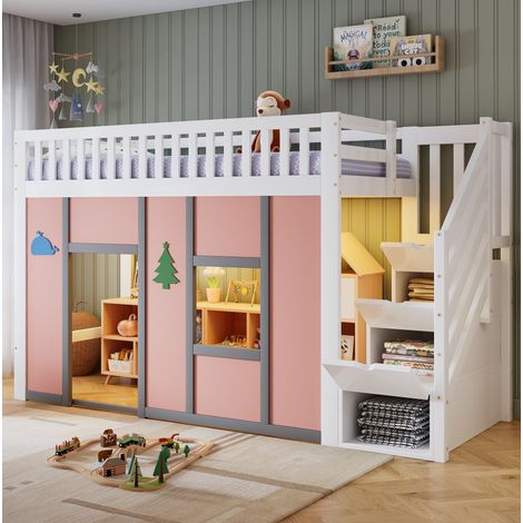 Letto bambino a mezza altezza 90x200 cm con scala contenitore, LED, bianco e rosa OKMYHOME (1/5)