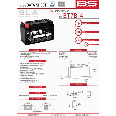 Batterie BS BT7B-4 (FA) (YT7B4) 12V 6,5AH 148X64X90 SANS ENTRETIEN - À LINGETTES INOXYDABLES (85A) (8)