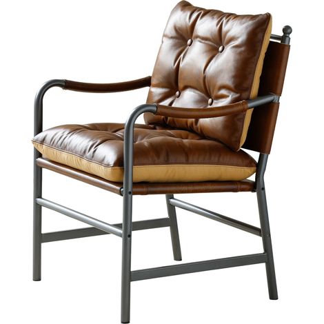Fauteuil d'appoint en cuir, fauteuil bras mid-century moderne avec structure métallique noire, fauteuil 1 place pour salon et chambre (1/5)
