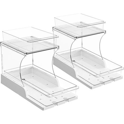 Lot de 2 organiseurs salle de bain transparents, rangement maquillage et skincare à 2 niveaux avec tiroirs coulissants et base rotative pour comptoir ou placard (1/5)