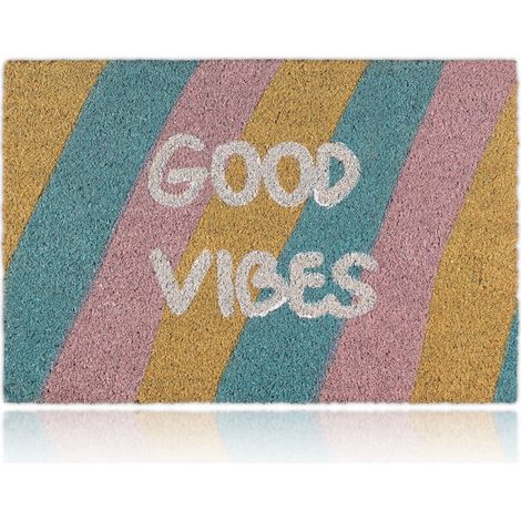 Relaxdays Zerbino Ingresso Casa “Good Vibes”, 60x40 cm, Tappeto in Fibra di Cocco, Tappetino Interni e Esterni, Colorato (1/5)