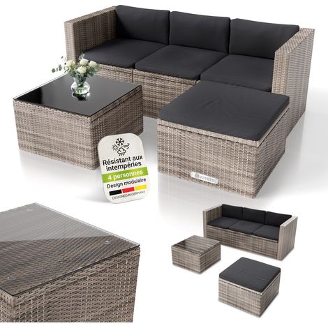 Juskys Lounge en polyrattan Punta Cana M – Ensemble pour 3-4 personnes – Gris chiné – Ensemble de mobilier de jardin / Salon de jardin avec canapé, table et ottoman