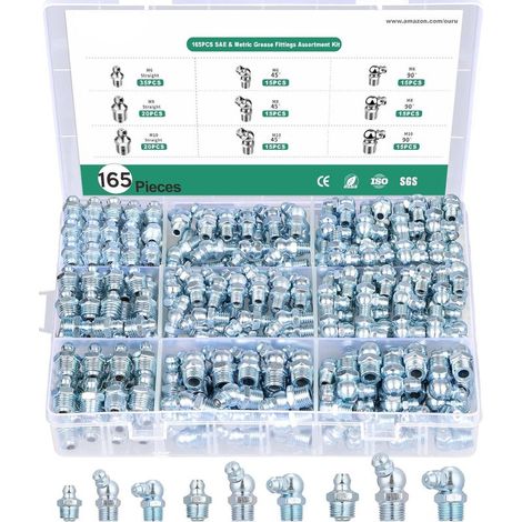 Sortiment an Schmiernippeln, 165-teilig, Zerk NPT metrische Schmiernippel M6, M8, M10, 45 bis 90 Grad gerader Schmiernippel für Fettpresse (1/5)