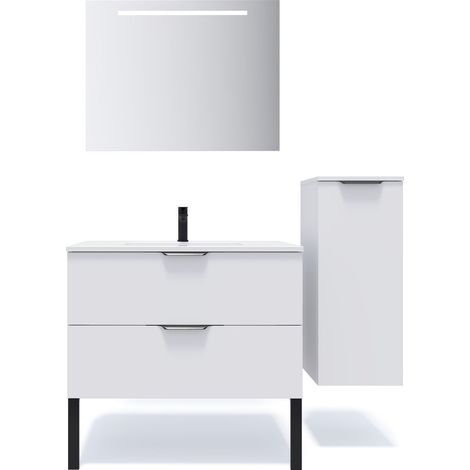 Meuble de salle de bain suspendu vasque intégrée 90cm 2 tiroirs Blanc + miroir + colonne ouverture droite - Soho (1/5)