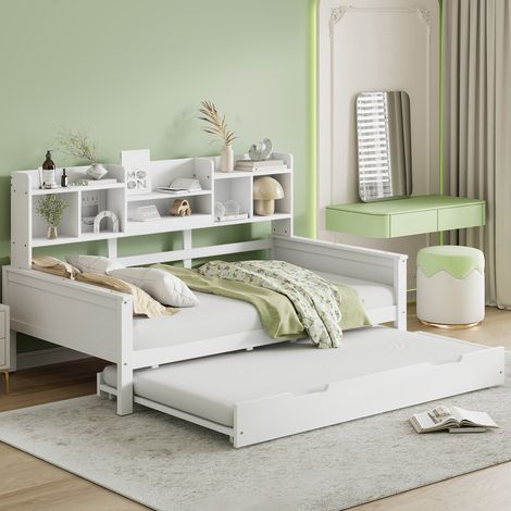 DESVIAE Lit banquette gigogne en bois de pin avec rangement et lattes 90 x 200 cm lit tiroir 90 x 190 cm blanc (1/5)