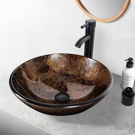 Bathroom Sink Combo Set,Tempered Glass Basin,Hand-painting Artistic Washbowl,with Supply Lines, Oil-rubbed Bronze Tap and Waste,Round,Brown
