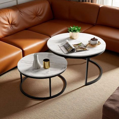 Couchtisch-Set - Weißer und Schwarzer Marmor - Ø80/60cm - Fleckenbeständig - Zeitgenössisches Design