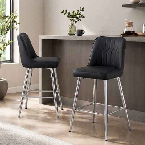 Tabourets de bar lot de 2, 100 cm, PU noir et métal argenté, avec repose-pieds HAVRYA (1/5)