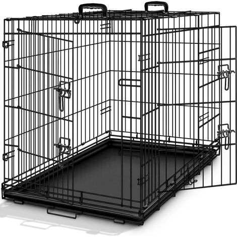 1 - Caisse de transport - Cage pour chien - Pliable avec 2 portes - En métal robuste pour voyage et vétérinaire - Noir - 91x58x64 cm (1/5)