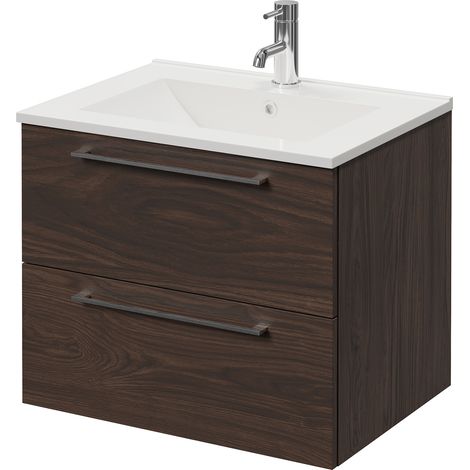 Napoli 460 Brown Oak 600mm Wall Mounted 2 Drawer Vanity Unit with Angel Basin - 600mm - Chrome 320mm Handle